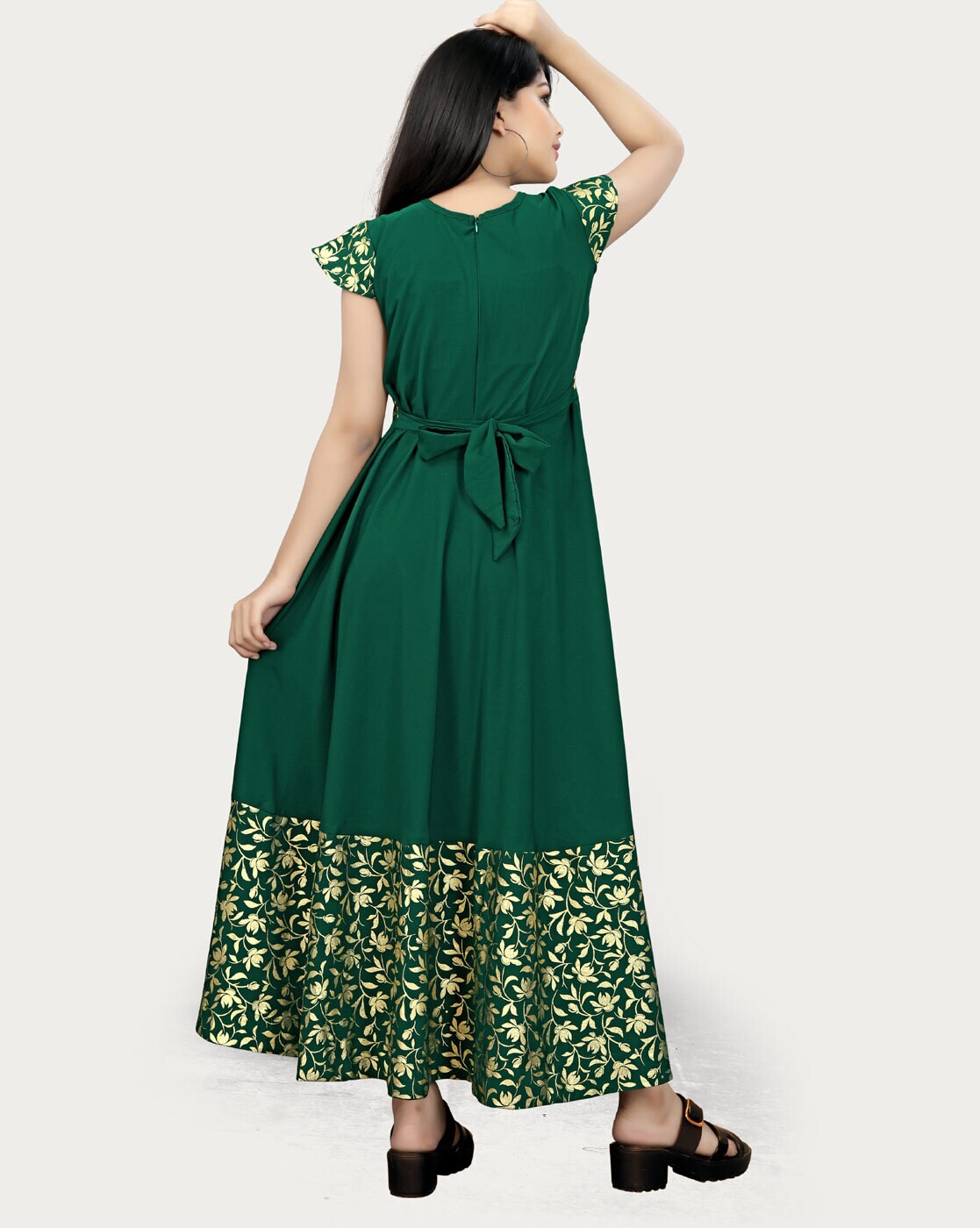 Buy Marta Women's South Indian Silk Gown Banarasi Model Maxi Long Dress for  Girls Traditional Full Length Anarkali Long Frock for Women Fullstiched  Gaun (Dark Green, Large) at Amazon.in