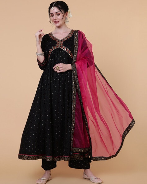 Embroidered Flared Kurta Set