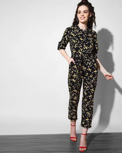 Black floral print jumpsuit shop