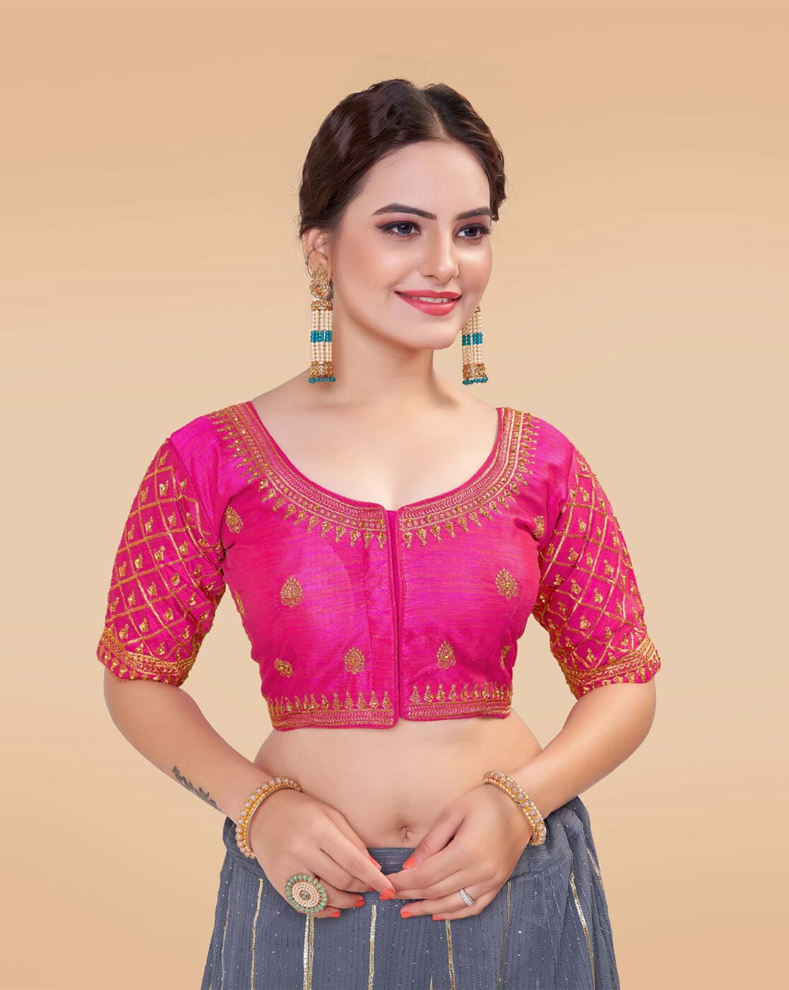 Pink And Gold Criss Cross Back Dupion Blouse at Rs 2498/piece, Embroidered  Blouses in Bengaluru