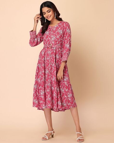 Women Floral Printed Cotton One Piece Dress, 50% OFF