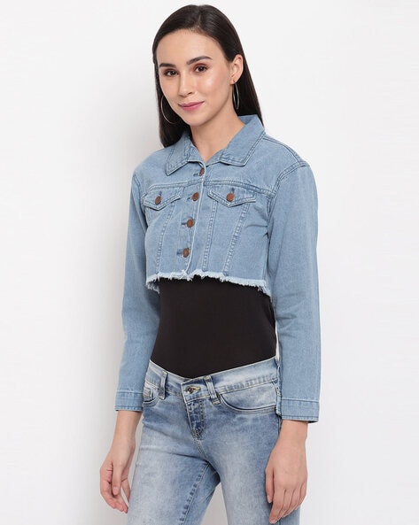Buy LONGYIDA Women's Jean Jacket Button Down Cropped Frayed Denim Jacket  Coat, Dark Blue, Small at Amazon.in