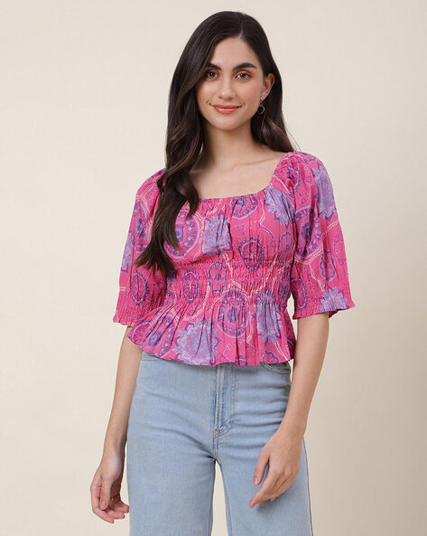 Fabindia FabNU Printed Smocked Square-Neck Top