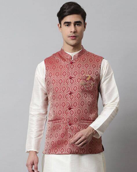 Woven Nehru Jacket with Mandarin Collar