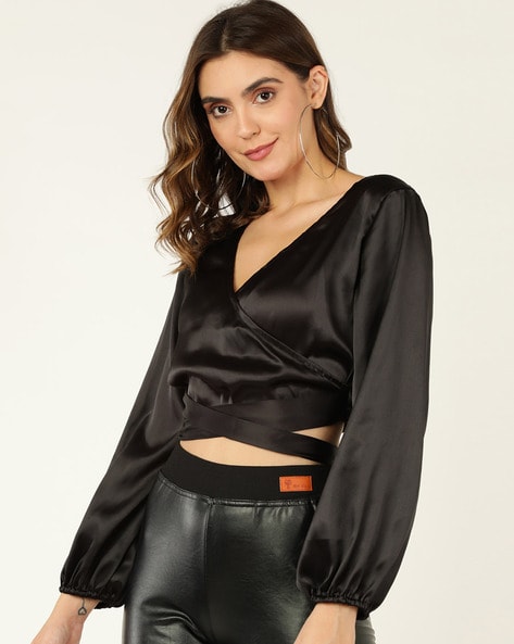 Missguided halter neck wrap top in black satin