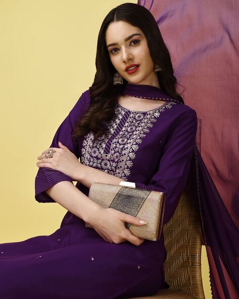 Women's Daily Wear Purple Color Heavy Rayon Khatli Work Kurti With Plazzo