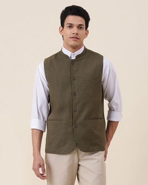 Buy Beige Cotton Dobby Nehru Jacket for Men Online at Fabindia | 20091754