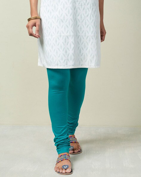 Buy Green Cotton Full Length Slim Fit Churidar for Women Online at Fabindia  | 10704602