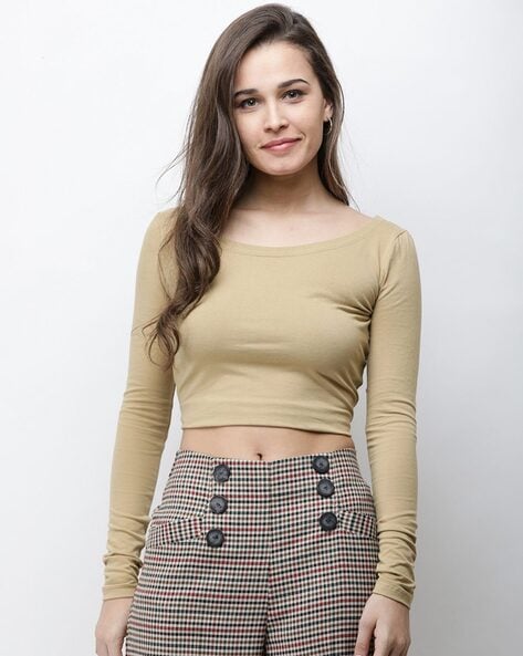 Buy online Women's Crop Round Neck Top from western wear for Women