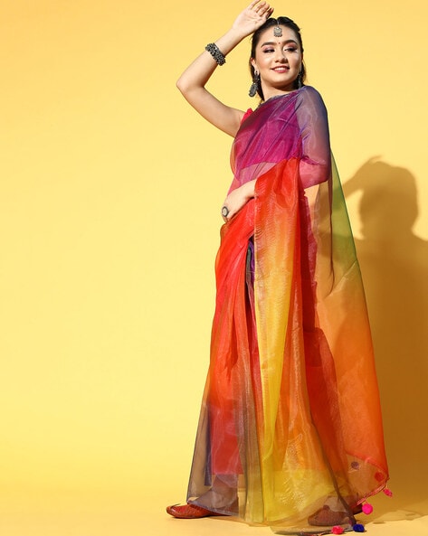 Yoshita Couture Zola Tie And Dye Saree With Blouse | Yellow, Half,  Georgette, Round, Half | Blouses for women, Aza fashion, Saree