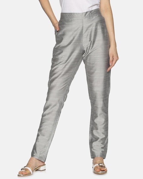 Plain Metallic Silver Trousers for Women