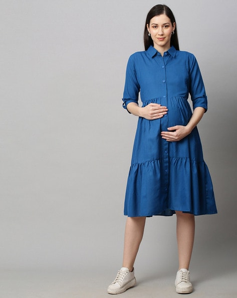 Buy MYSTERE PARIS Blue Cotton Womens Maternity Dress | Shoppers Stop