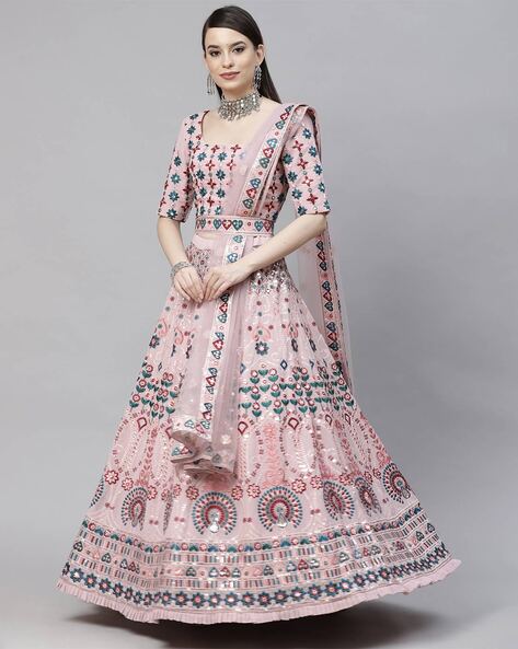 Pink embroidered net semi stitched lehenga - Maahi Styles - 4067269
