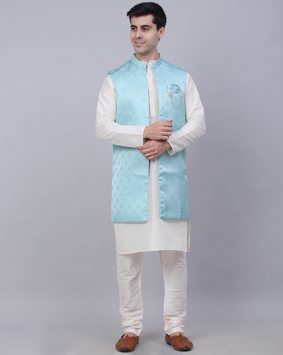 Light blue kurta with on sale waistcoat