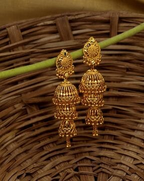 Buy Carved Work Temple Jhumka Earrings by Ahaanya at Aza Fashions