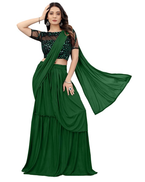 Buy Indya Emerald Foil Printed Layered Ruffled Skirt Saree online