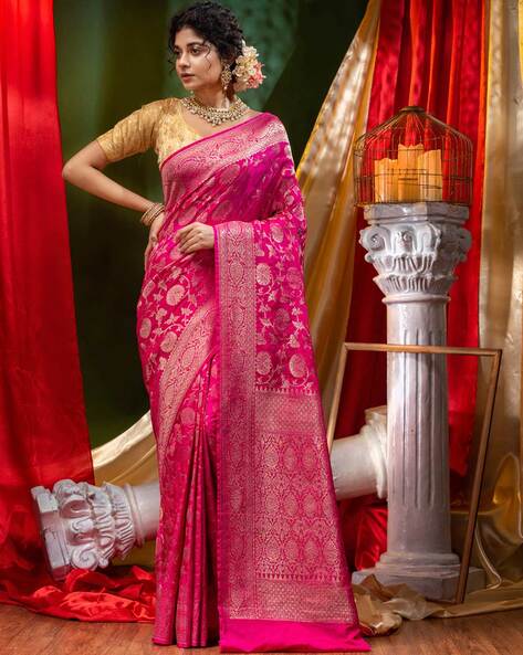 Pink woven art silk saree with blouse with belt