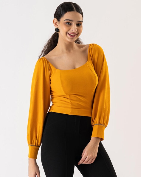 Slim Fit Crop Top with Cuffed Sleeves