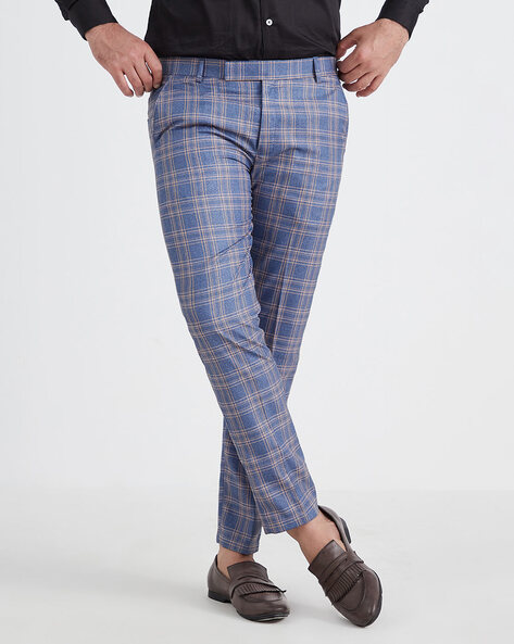 Sojanya (Since 1958) Men's Cotton Blend Royal Blue & Blue Checked Formal  Trousers