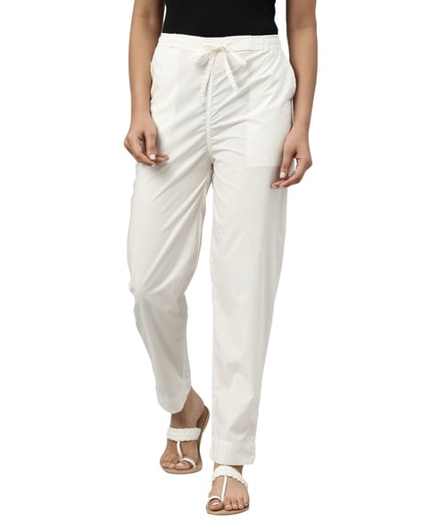 Buy White Rayon Flex Solid Straight Pants Online in India