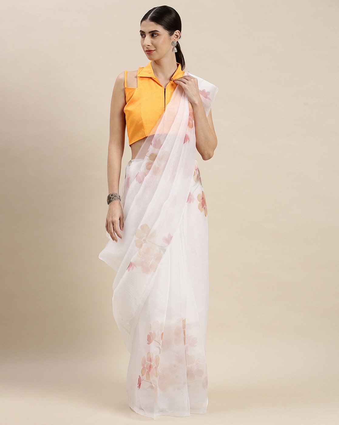 Cloud Grey Digital Floral Print Organza Saree – Ethnos