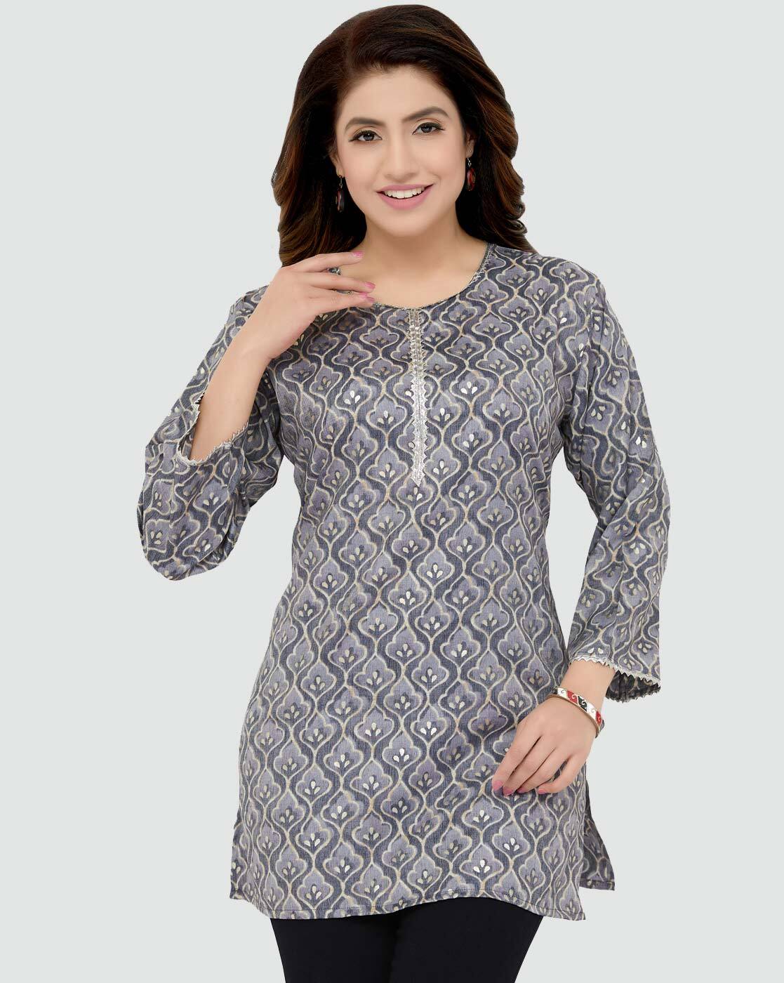 Graphite grey thread embroidered 3/4th sleeve cotton straight-cut kurti