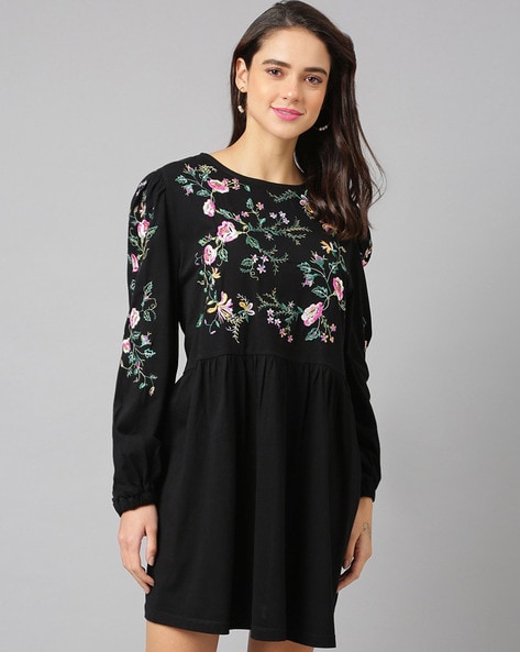 A line Dress with Floral Embroidery