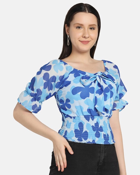 BuyNewTrend Blue White Georgette Floral Print Women Long Shirt | shirt |  shirts | shirt for women | shirt | shirts | shirt for women