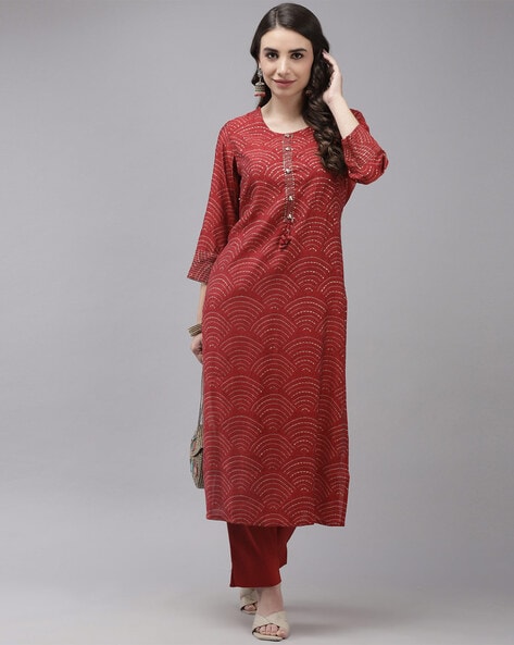 Buy Red Bandhani Modal Satin Suit- Set of 3 |  GC-SET-0404-0430-0756Red/GC36APR | The loom