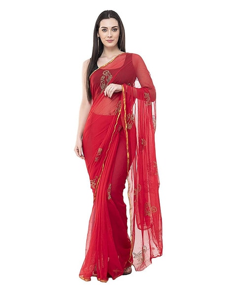 Niyaika - Red Saree with Bralette Blouse – Anuthi Fashion