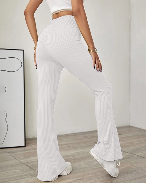 Popwings Off White Crush Bootcut Trousers with Flat Front Women Trouser  and pant Poly Blend trouser