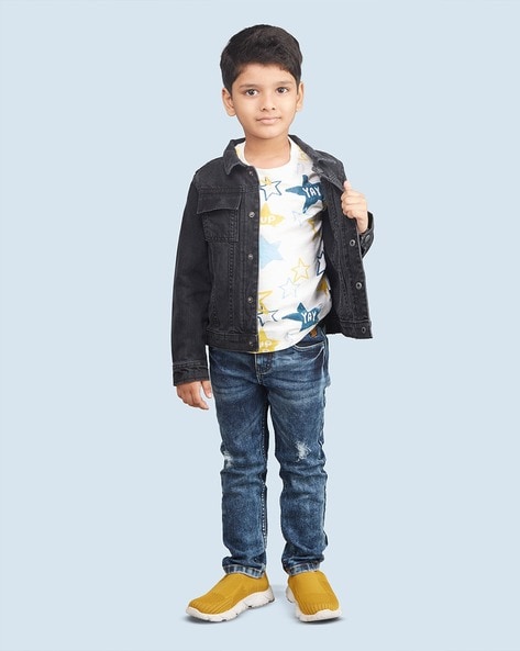 Toddler Boy Jet Black Collared Denim Jacket 224-310-046 | GulAhmed