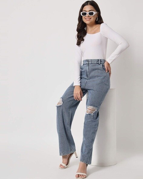 Really Rowdy Ripped Stretch Flare Jeans - Light Wash