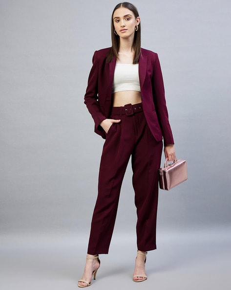 Women Burgundy Front Button Blazer With Palazzo Pants