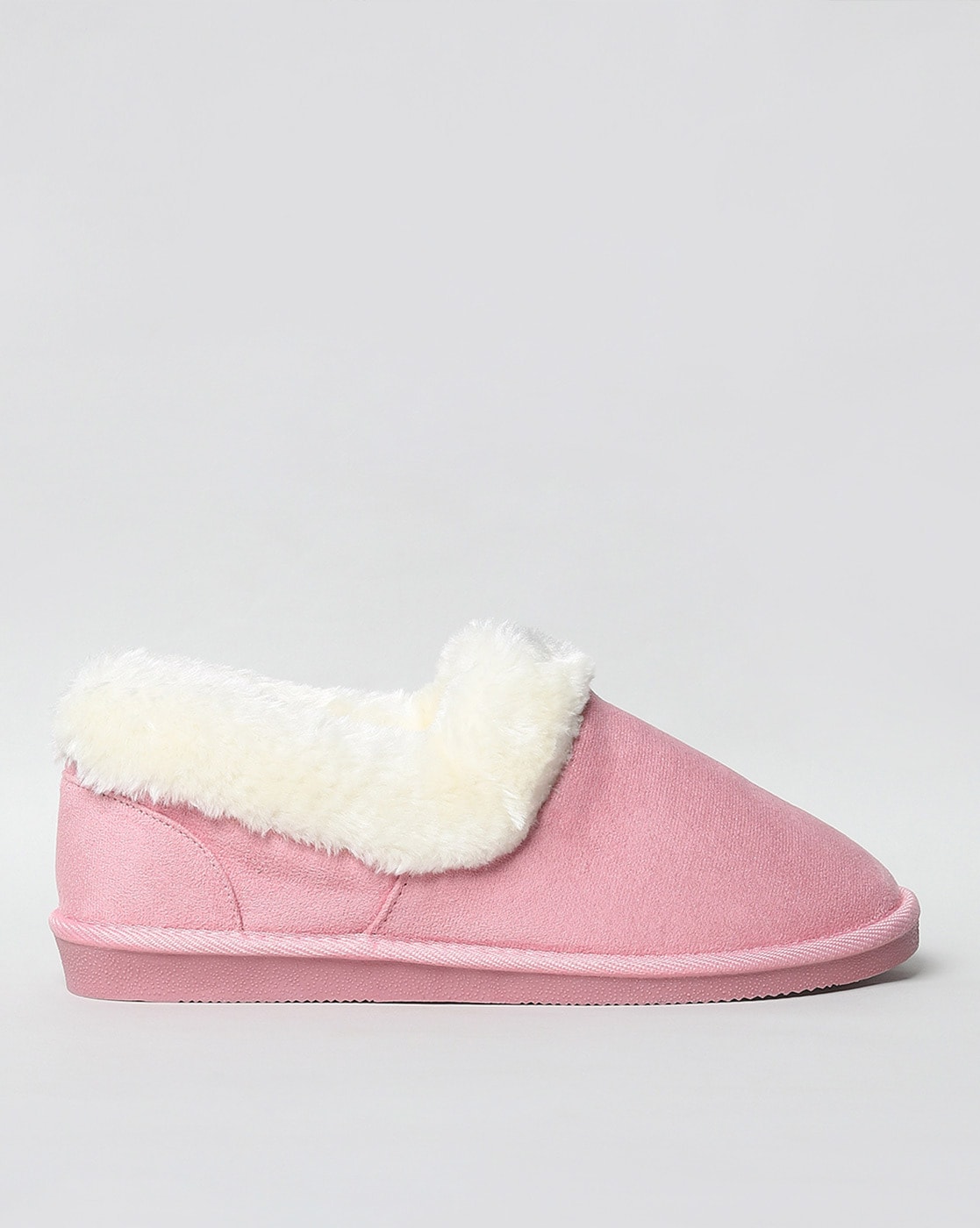 Kulture fluffy printed detail flat best sale slipper in pink faux fur