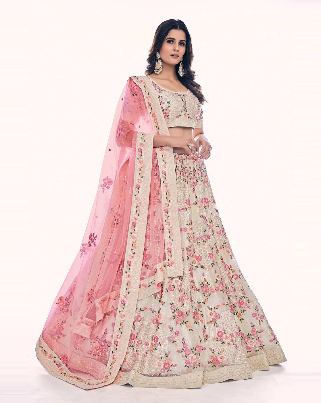 Embroidered Malai Satin Lehenga Choli in Cream - Ucchal Fashion