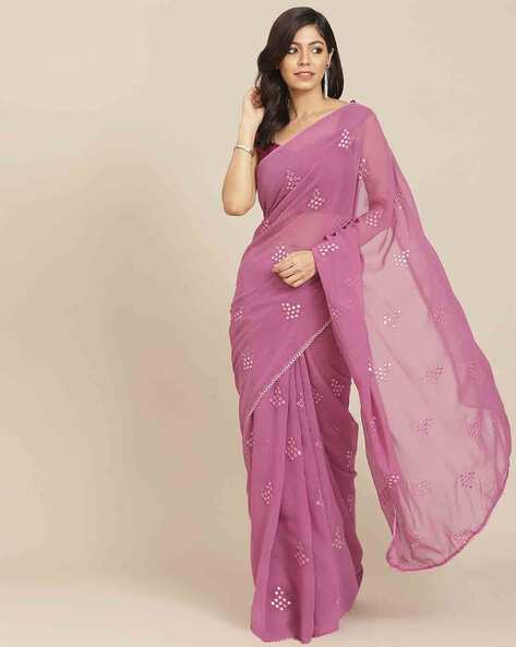 Taant Cotton Pink Mirror Work Saree With Blouse