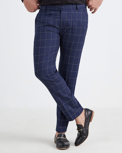 Buy Men Navy Check Slim Fit Formal Trousers Online - 778355 | Peter England