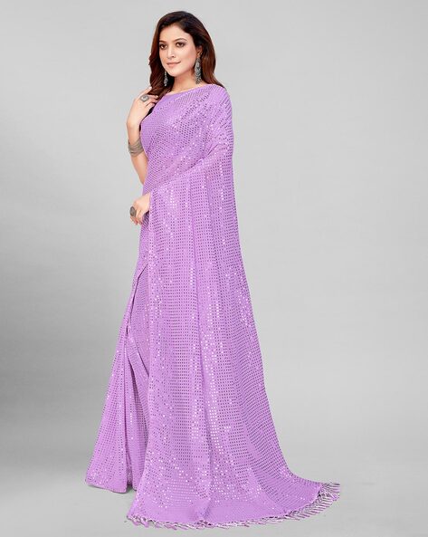 Orgenza Lavender Purple Color Organza Silk Embroidery Sequence Work Saree  With Contrast Blouse, ऑर्गेंजा साड़ी - Orgenza Store, Surat | ID:  24265586173