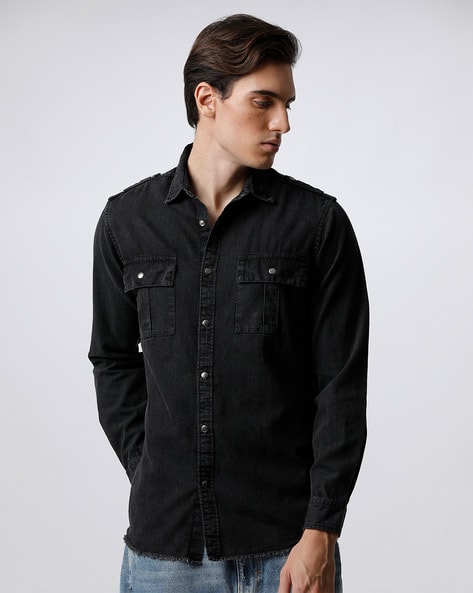 Buy The Bear House Men Blue Slim Solid Casual Denim Shirt Online