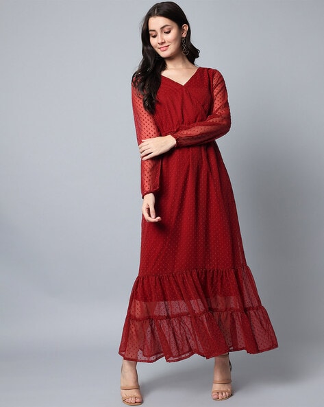Buy Maroon Viscose Embroidery V Neck Puff Sleeves Dress For Women by  Emblaze Online at Aza Fashions.