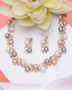 yellow chimes Pearl Beaded Necklace & Earings Set-picture-21