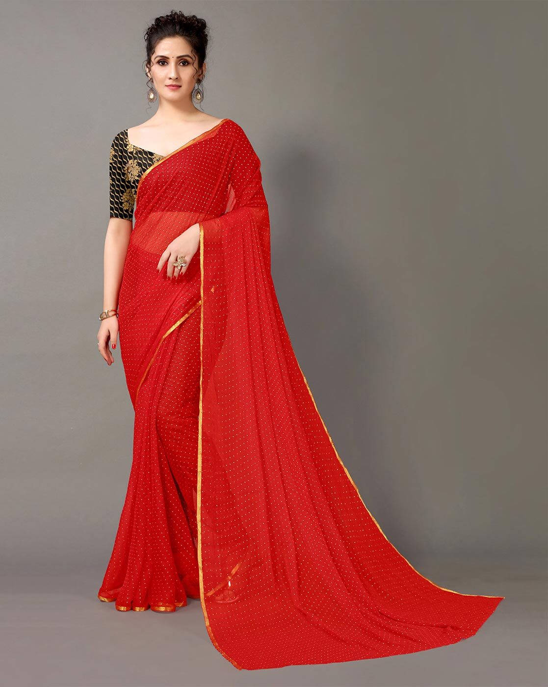 Ladies Red Handloom Printed Chiffon Saree, With Blouse Piece at Rs 375 in  Jetpur