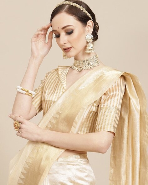 Pearl White and Gold Pure Zari Kanchipuram Silk Saree– Clio Silks