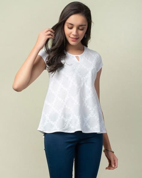 Cotton Embroidered Top with Key Hole Neck