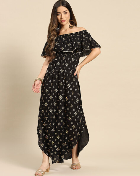 Maroon Floral Printed Off Shoulder Maxi Dress | MXD1051 | Cilory.com