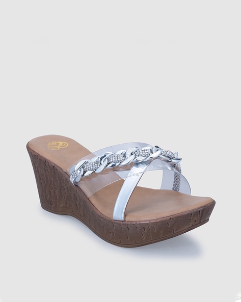 Round Toe Wedges Heeled Sandals with Metal Accent