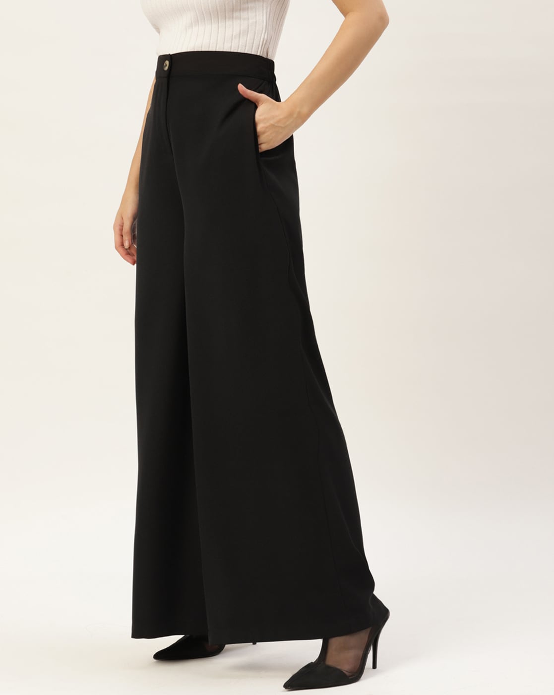 Rue Collection Mid-Rise Wide Leg Trousers For Women (Black, 26)
