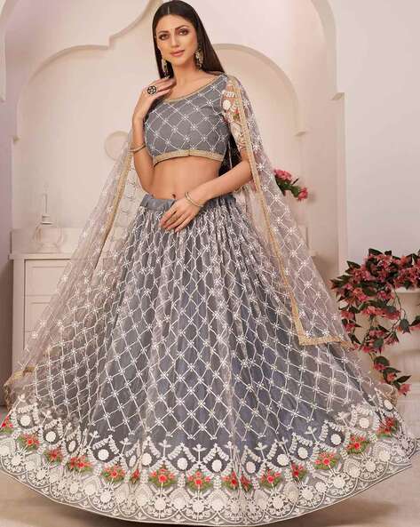 Buy Grey Georgette Embellished Jacket Style Lehenga Choli Dupatta Set by  Designer SCAKHI for Women online at Kaarimarket.com