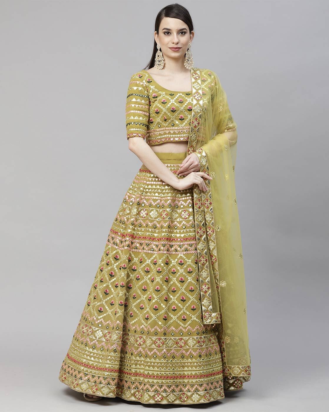 Shubhkala Off White Green And Red Colored Embroidered Georgette Semi Stitched Lehenga Choli And Dupatta - Lehengas by SHUBHKALA